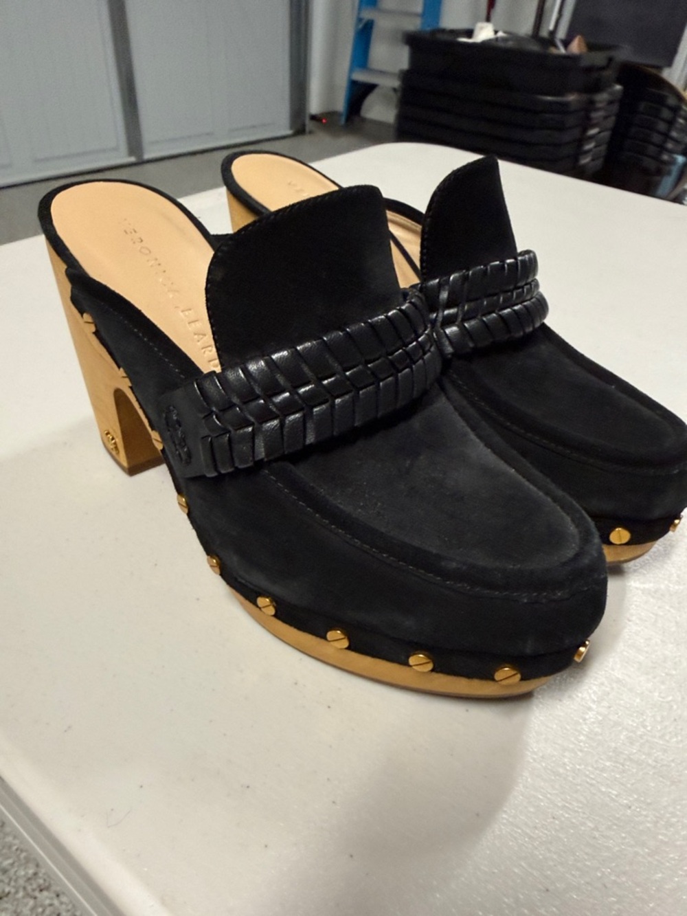 Veronica Beard Black Suede Braided Strap Clog Mules with Gold Studs